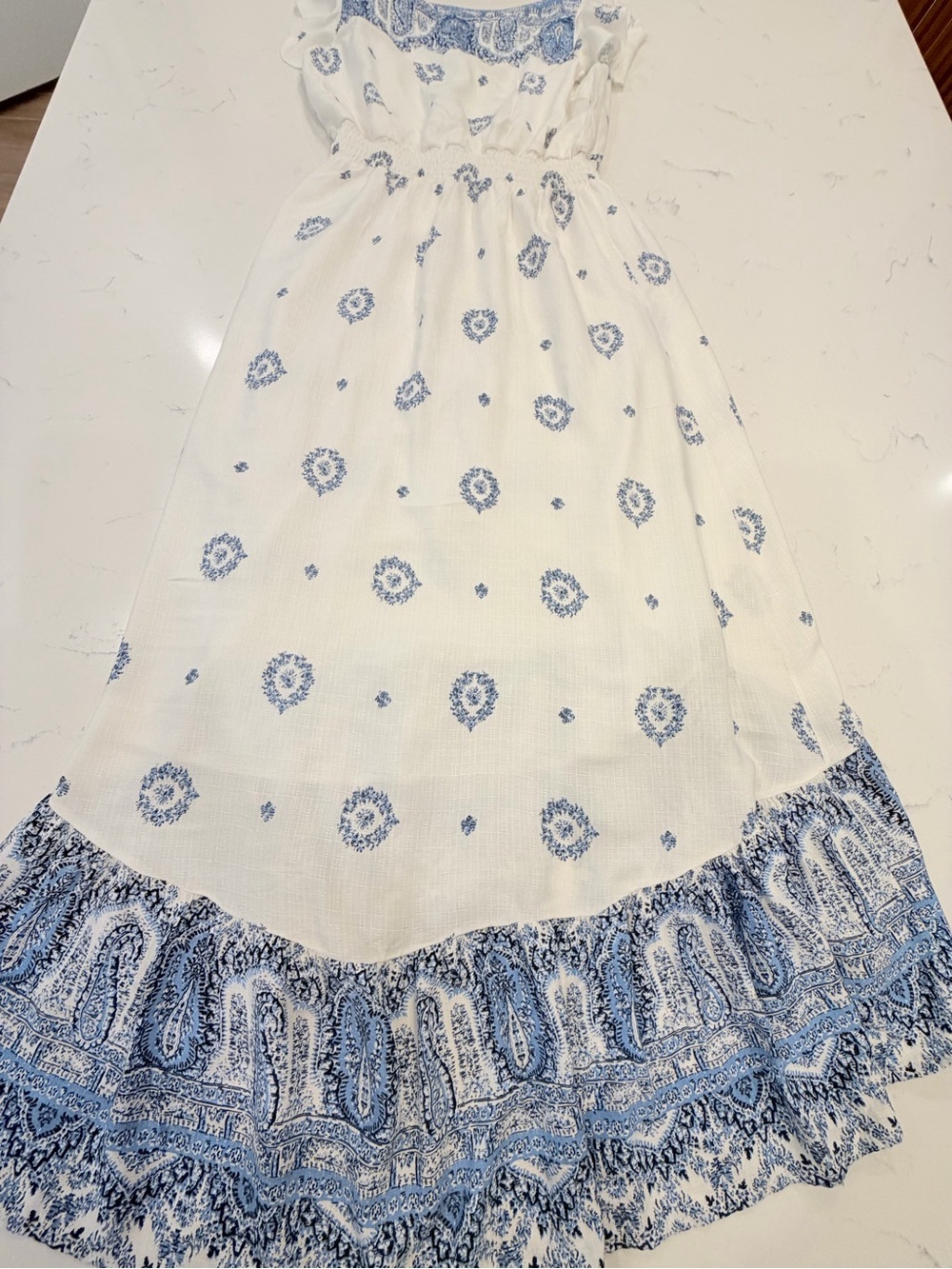 White & Blue Printed Midi Dress with Tie Waist - Picture 11 of 11